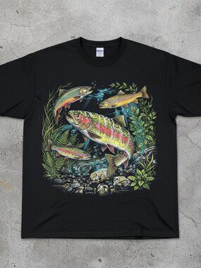 90s Rainbow Trout River Wildlife Graphic Tee | Retro Fishing Shirt